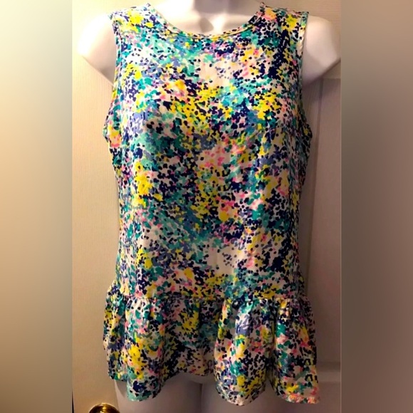 New BRITT RYAN Confetti Peplum Blouse Silk Shirt Top Colorful Pink Turquoise Blu - Picture 8 of 8